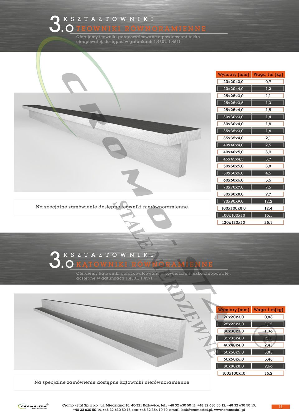 Wymiary [mm] Waga 1m [kg] 20x20x3,0 0,9 20x20x4,0 1,2 25x25x3,0 1,1 25x25x3,5 1,3 25x25x4,0 1,5 30x30x3,0 1,4 30x30x4,0 1,8 35x35x3,0 1,6 35x35x4,0 2,1 40x40x4,0 2,5 40x40x5,0 3,0 45x45x4,5 3,7