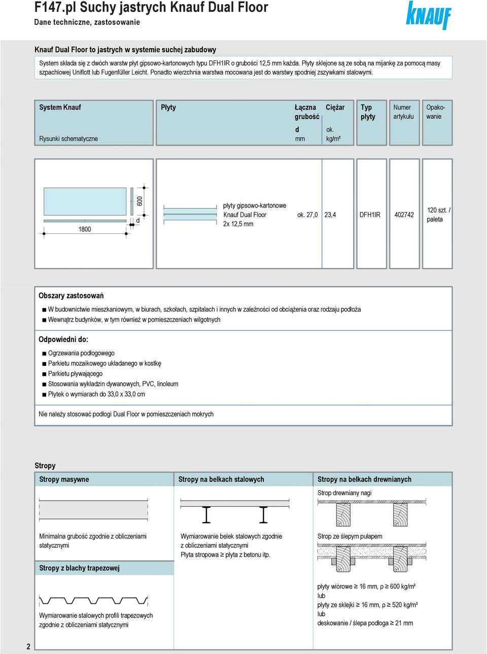 System Knauf Płyty Łączna grubość Ciężar Typ płyty Numer artykułu Opakowanie Rysunki schematyczne d mm ok. kg/m² 1800 600 d płyty gipsowokartonowe Knauf Dual Floor 2x 12,5 mm ok.