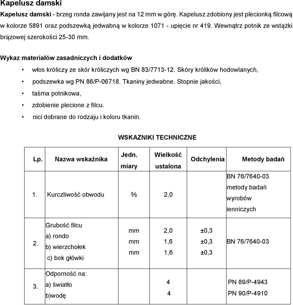 Skóry królików hodowlanych, podszewka wg PN 86/P-06718. Tkaniny jedwabne. Stopnie jakości, taśma potnikowa, zdobienie plecione z filcu. nici dobrane do rodzaju i koloru tkanin.