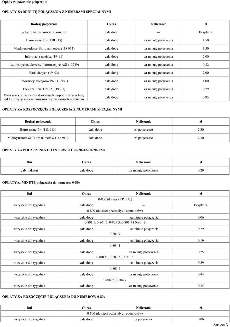 minutę połączenia 0,82 Bank danych (19493) całą dobę za minutę połączenia 2,00 informacja kolejowa PKP (19757) całą dobę za minutę połączenia 1,00 Błękitna linia TP S.A.