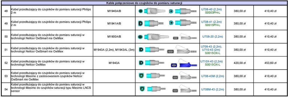 technologii Nellcor OxiSmart nie OxiMax M1943A (2,2m), M1943AL (3m) U708-43 (2,2m), U710-43 (2m) S0015OX-L 52 technologii Nellcor OxiMax M1943A U710X-43 (2,2m) S0015OX-L