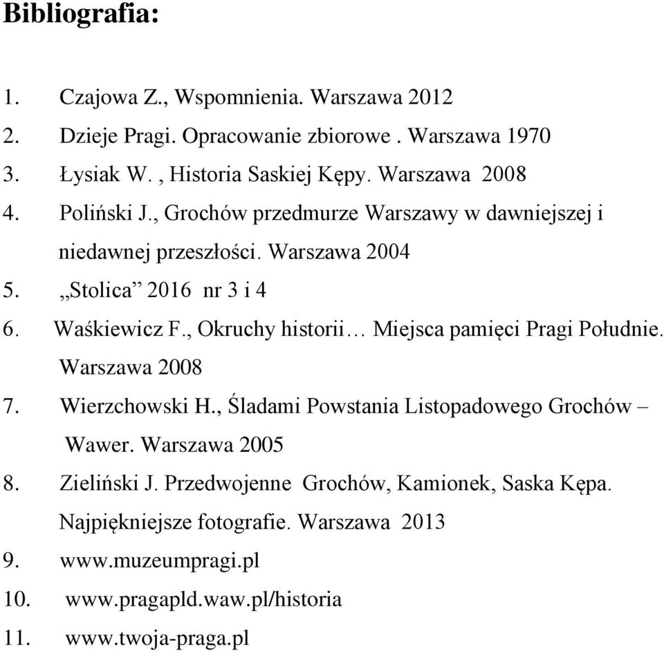 , Okruchy historii Miejsca pamięci Pragi Południe. Warszawa 2008 7. Wierzchowski H., Śladami Powstania Listopadowego Grochów Wawer. Warszawa 2005 8.