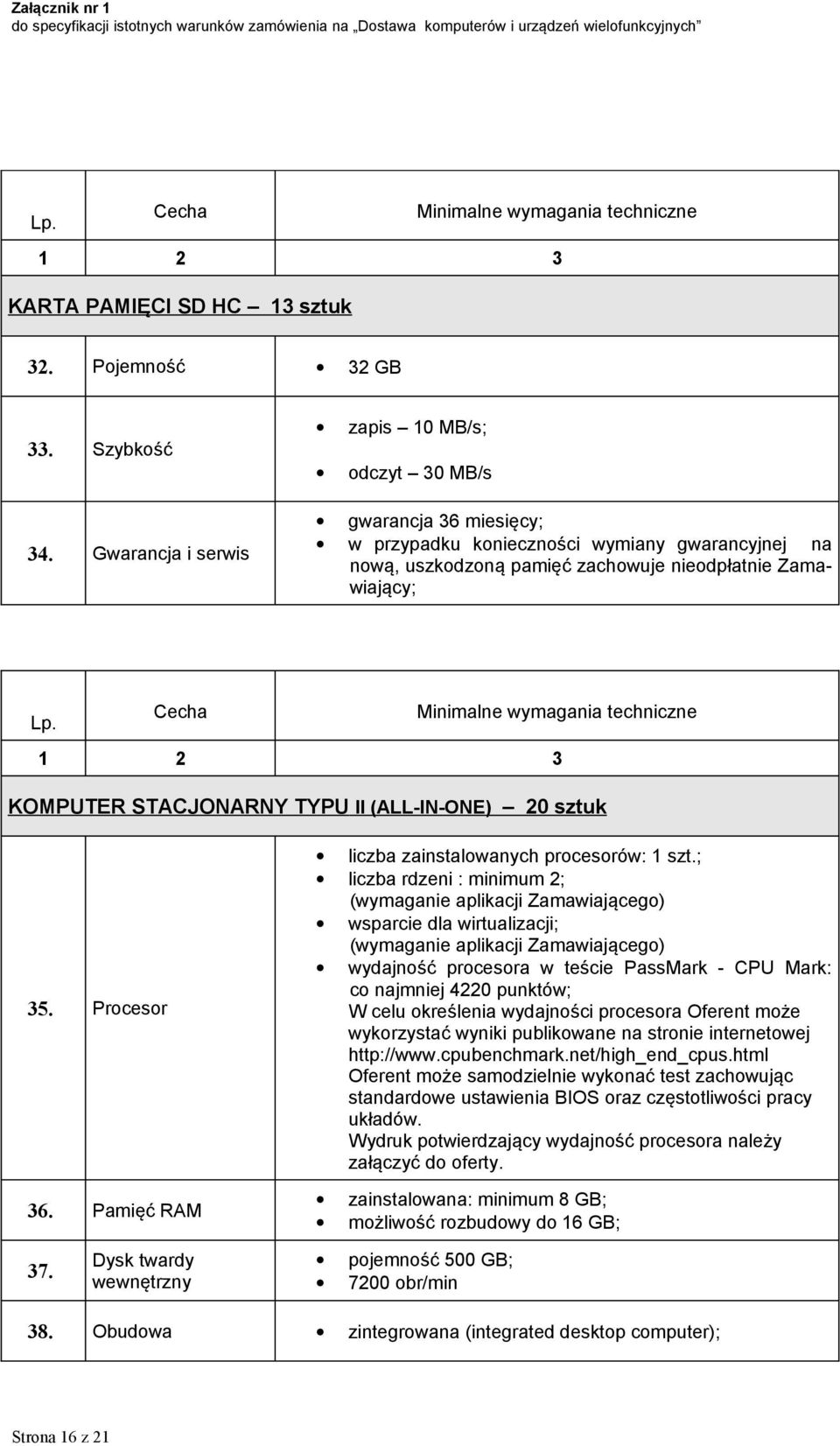 Cecha Minimalne wymagania techniczne 1 2 3 KOMPUTER STACJONARNY TYPU II (ALL-IN-ONE) 20 sztuk 35. Procesor 36. Pamięć RAM liczba zainstalowanych procesorów: 1 szt.