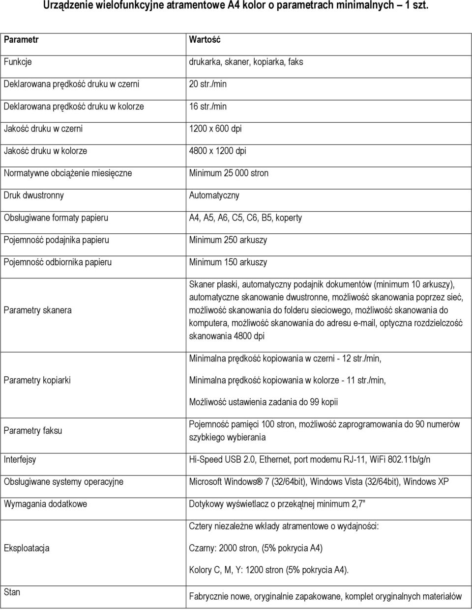 formaty papieru Pojemność podajnika papieru Pojemność odbiornika papieru Parametry skanera Wartość drukarka, skaner, kopiarka, faks 20 str./min 16 str.