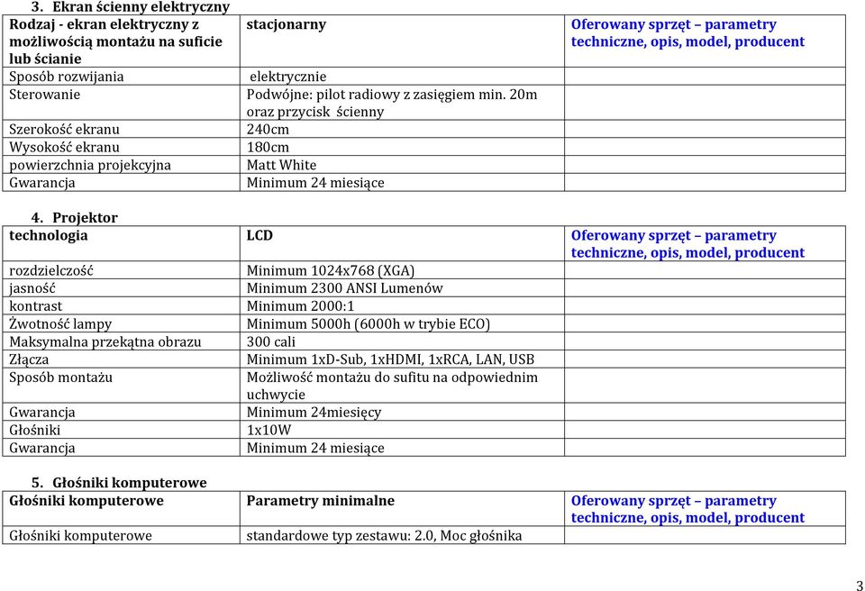 Projektor technologia LCD Oferowany sprzęt parametry rozdzielczość Minimum 1024x768 (XGA) jasność Minimum 2300 ANSI Lumenów kontrast Minimum 2000:1 Żwotność lampy Minimum 5000h (6000h w trybie ECO)