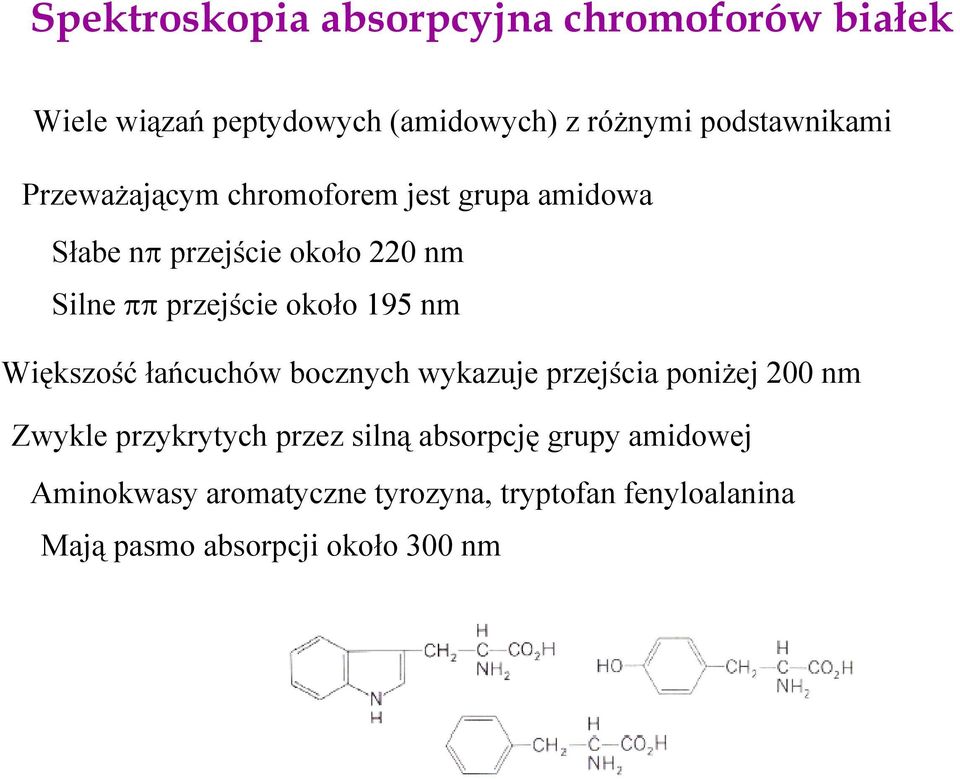 nm Większość łańcuchów bocznych wykazuje przejścia poniżej 200 nm Zwykle przykrytych przez silną