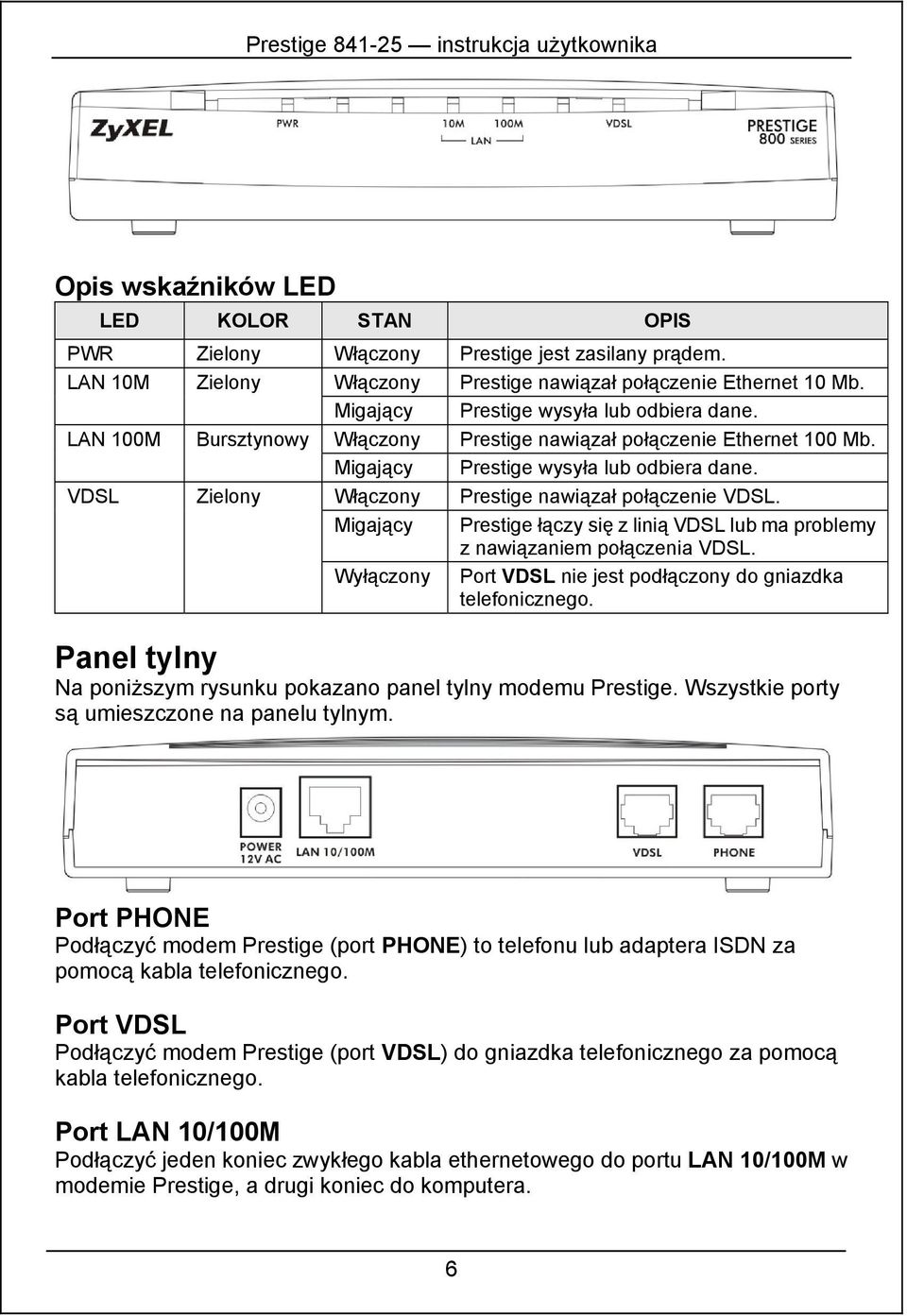 VDSL Zielony Włączony Prestige nawiązał połączenie VDSL. Migający Prestige łączy się z linią VDSL lub ma problemy z nawiązaniem połączenia VDSL.