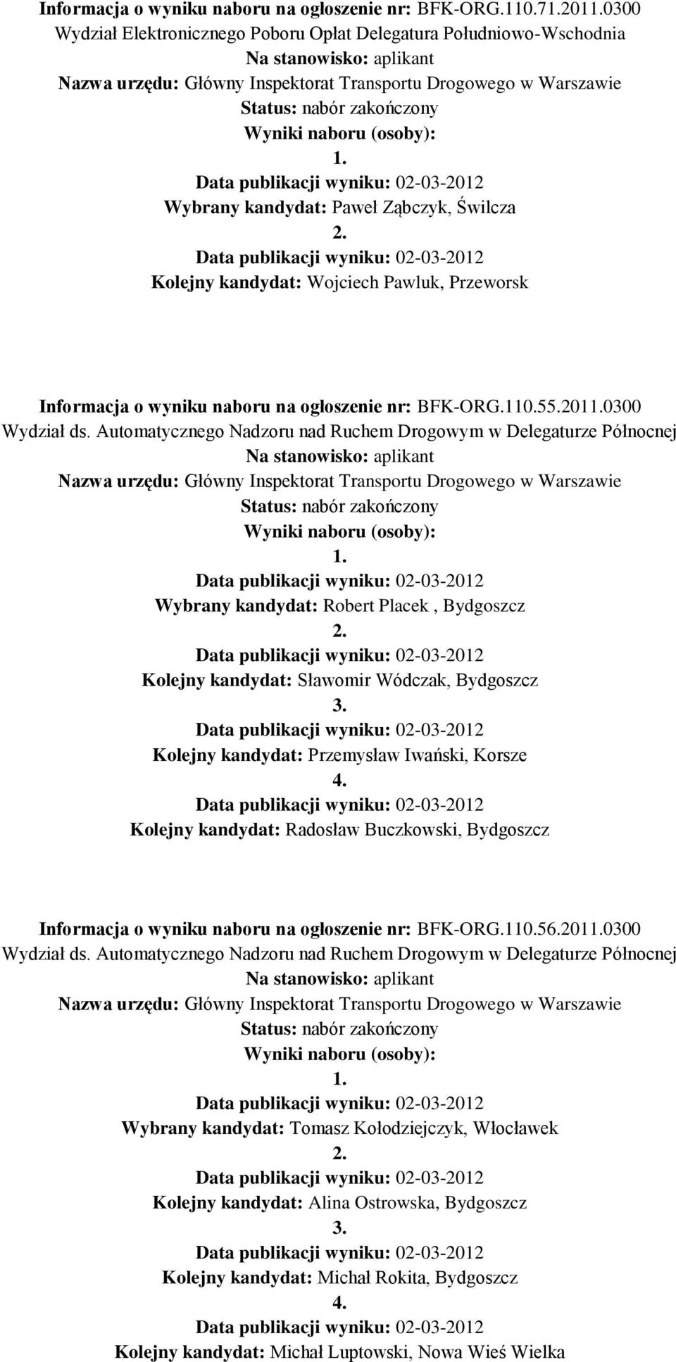 Automatycznego Nadzoru nad Ruchem Drogowym w Delegaturze Północnej Wybrany kandydat: Robert Placek, Bydgoszcz Kolejny kandydat: Sławomir Wódczak, Bydgoszcz Kolejny kandydat: Przemysław Iwański,
