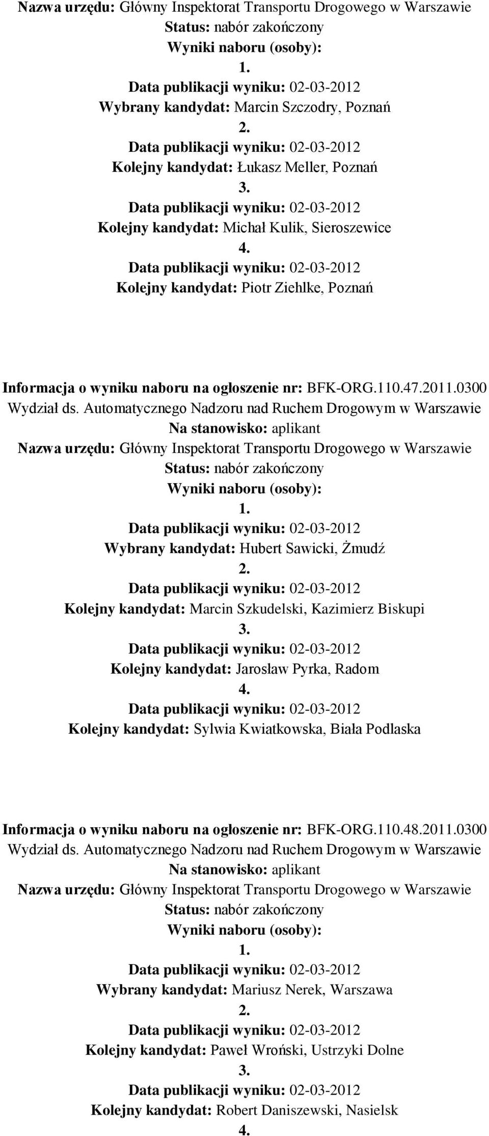 Automatycznego Nadzoru nad Ruchem Drogowym w Warszawie Wybrany kandydat: Hubert Sawicki, Żmudź Kolejny kandydat: Marcin Szkudelski, Kazimierz Biskupi Kolejny kandydat: Jarosław Pyrka, Radom