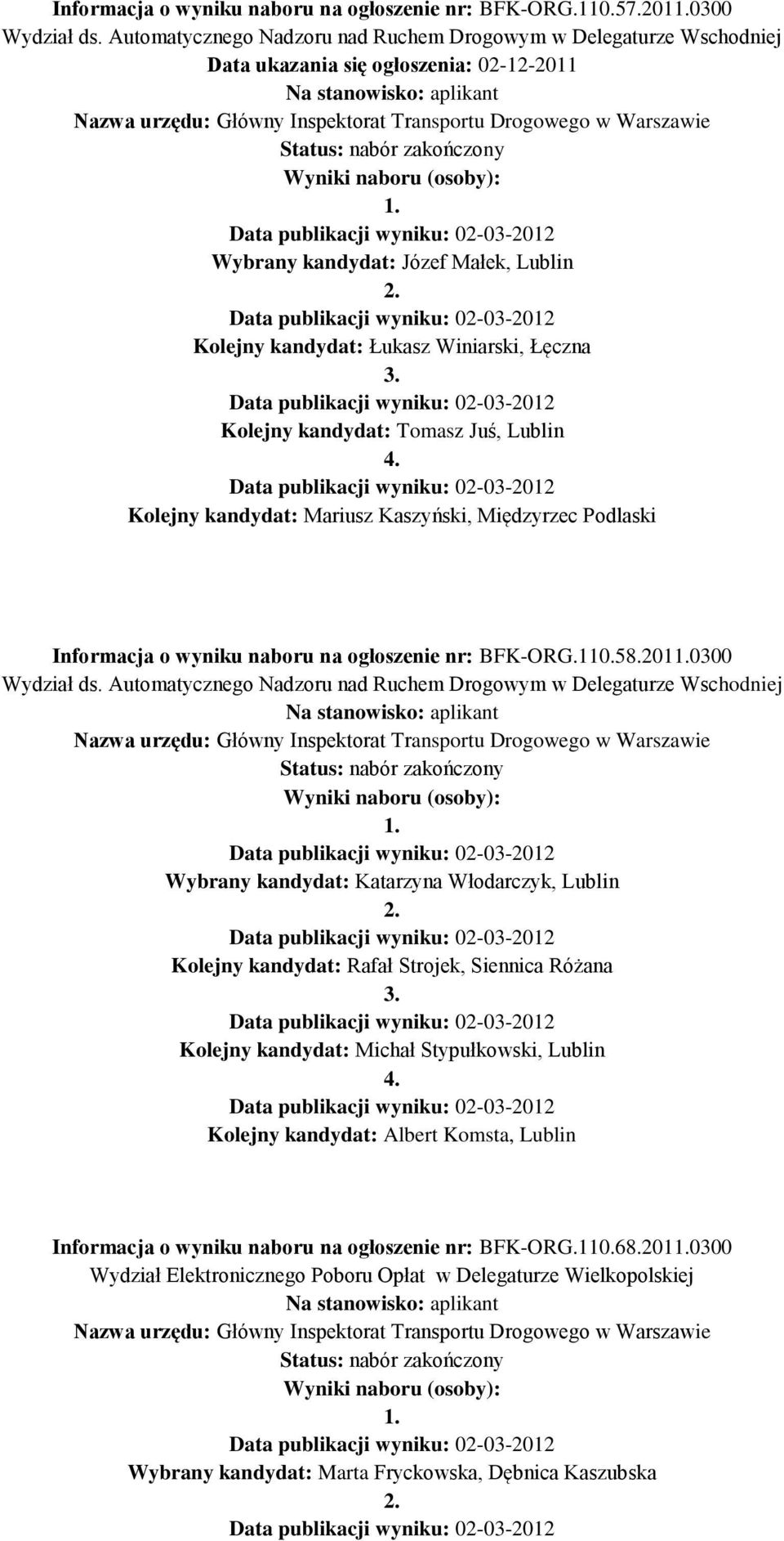 kandydat: Tomasz Juś, Lublin Kolejny kandydat: Mariusz Kaszyński, Międzyrzec Podlaski Informacja o wyniku naboru na ogłoszenie nr: BFK-ORG.110.58.2010300 Wydział ds.