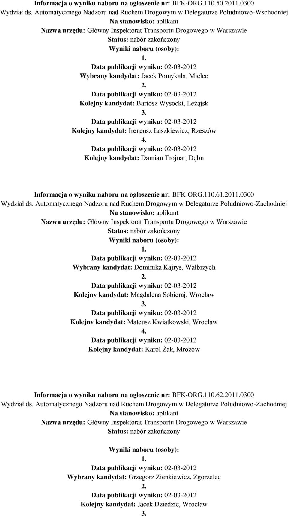 Łaszkiewicz, Rzeszów Kolejny kandydat: Damian Trojnar, Dębn Informacja o wyniku naboru na ogłoszenie nr: BFK-ORG.110.62010300 Wydział ds.