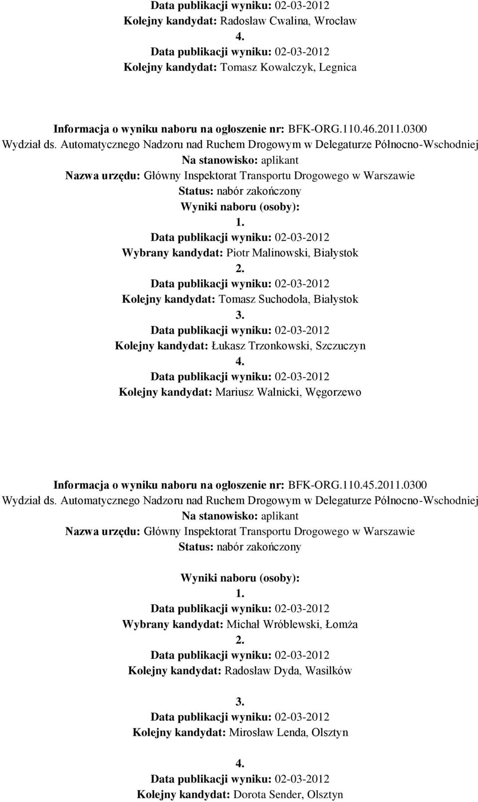 Łukasz Trzonkowski, Szczuczyn Kolejny kandydat: Mariusz Walnicki, Węgorzewo Informacja o wyniku naboru na ogłoszenie nr: BFK-ORG.110.45.2010300 Wydział ds.