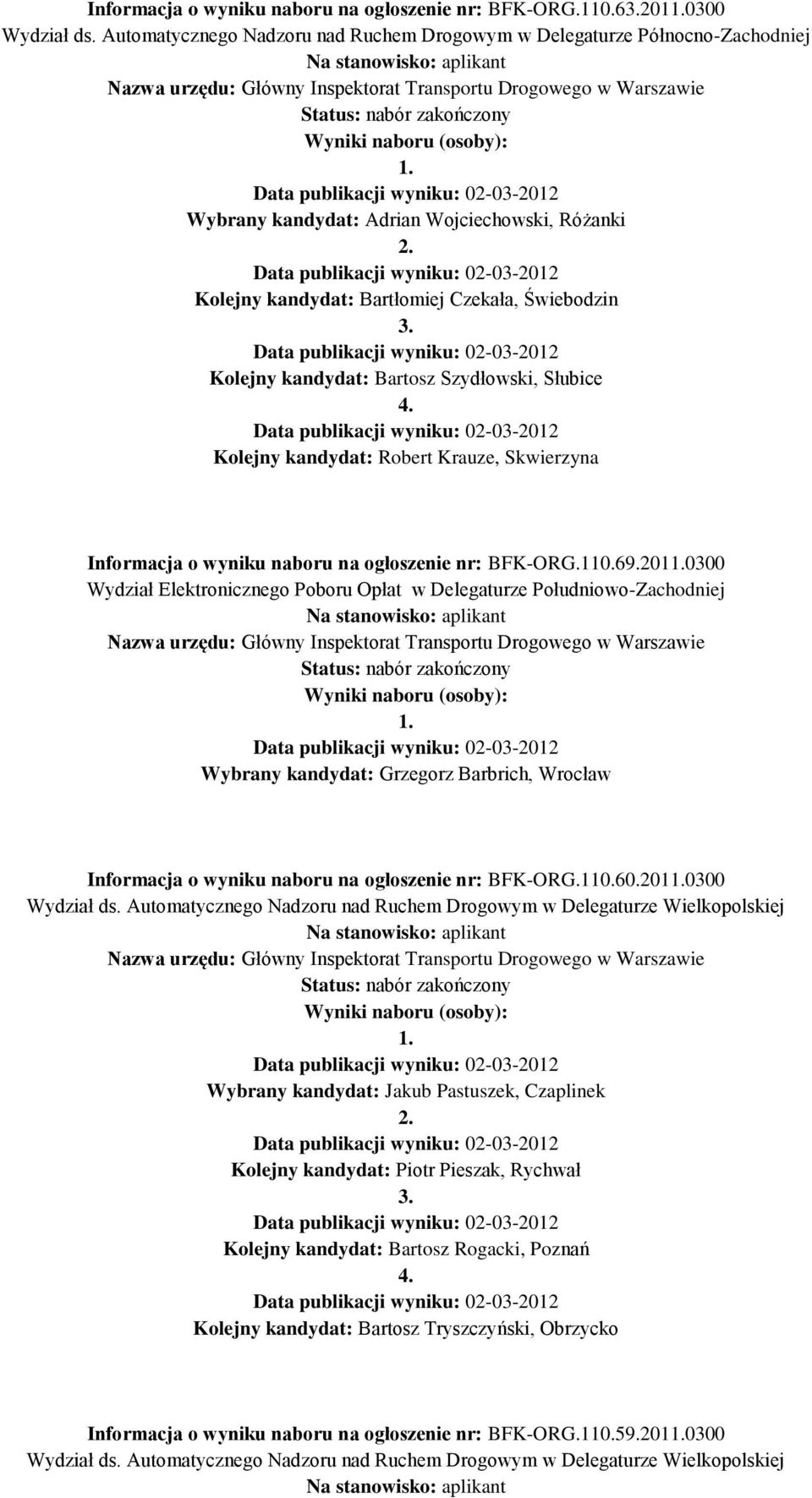 Szydłowski, Słubice Kolejny kandydat: Robert Krauze, Skwierzyna Informacja o wyniku naboru na ogłoszenie nr: BFK-ORG.110.69.