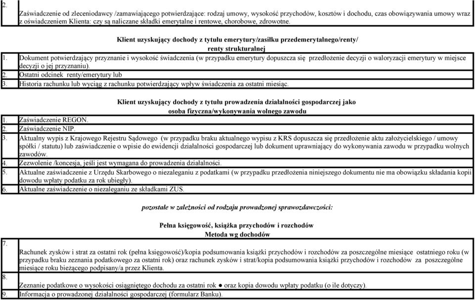 Klient uzyskujący dochody z tytułu emerytury/zasiłku przedemerytalnego/renty/ renty strukturalnej Dokument potwierdzający przyznanie i wysokość świadczenia (w przypadku emerytury dopuszcza się