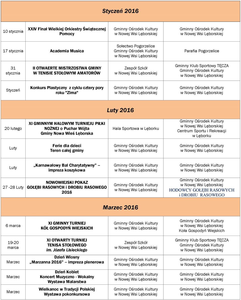 Centrum Sportu i Rekreacji w Lęborku Luty Ferie dla dzieci Teren całej gminy Luty Karnawałowy Bal Charytatywny impreza koszykowa 27-28 Luty NOWOWIEJSKI POKAZ GOŁĘBI RASOWYCH i DROBIU RASOWEGO 2016