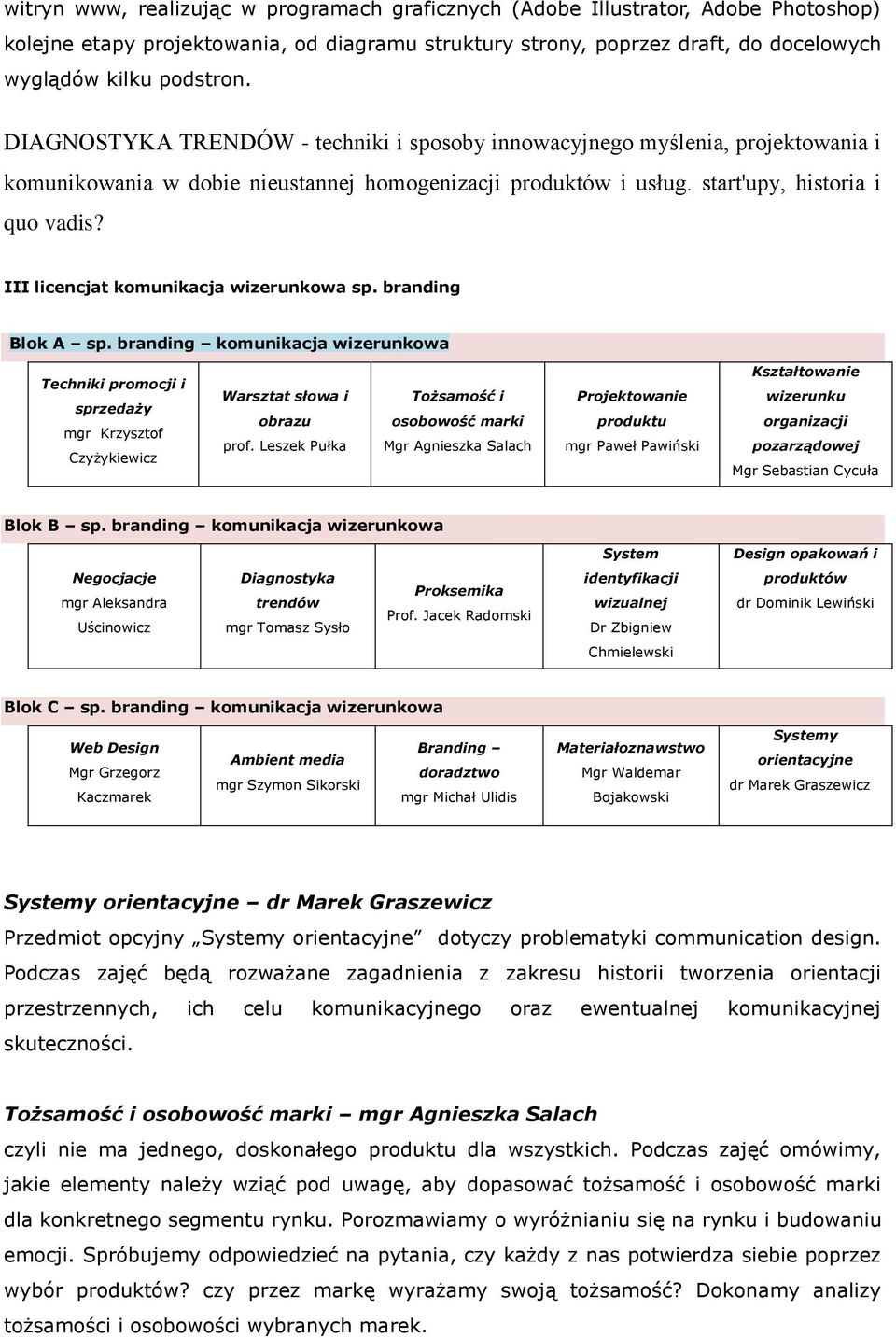 III licencjat komunikacja wizerunkowa sp. branding Blok A sp. branding komunikacja wizerunkowa Techniki promocji i sprzedaży mgr Krzysztof Czyżykiewicz Warsztat słowa i obrazu prof.