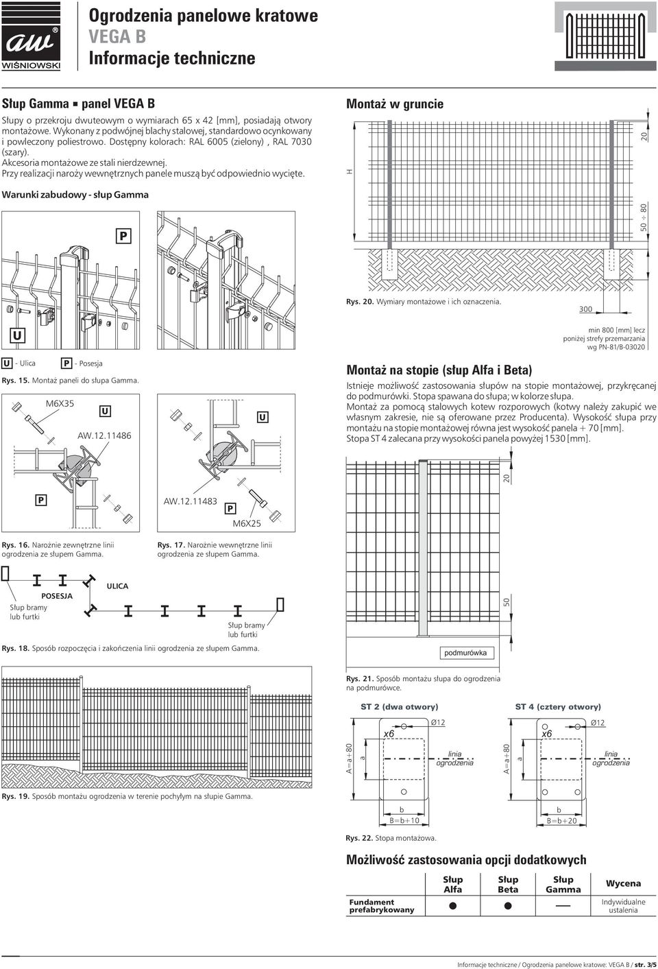 Warunki zabudowy - słup Gamma Montaż w gruncie H 20 50 80 Rys. 20. Wymiary montażowe i ich oznaczenia. 00 - lica - osesja Rys. 15. Montaż paneli do słupa Gamma. M6X5 AW.12.