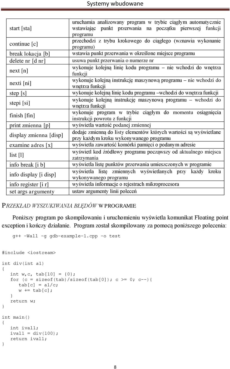 z trybu krokowego do ciągłego (wznawia wykonanie programu) wstawia punkt przerwania w określone miejsce programu usuwa punkt przerwania o numerze nr wykonuje kolejną linię kodu programu nie wchodzi