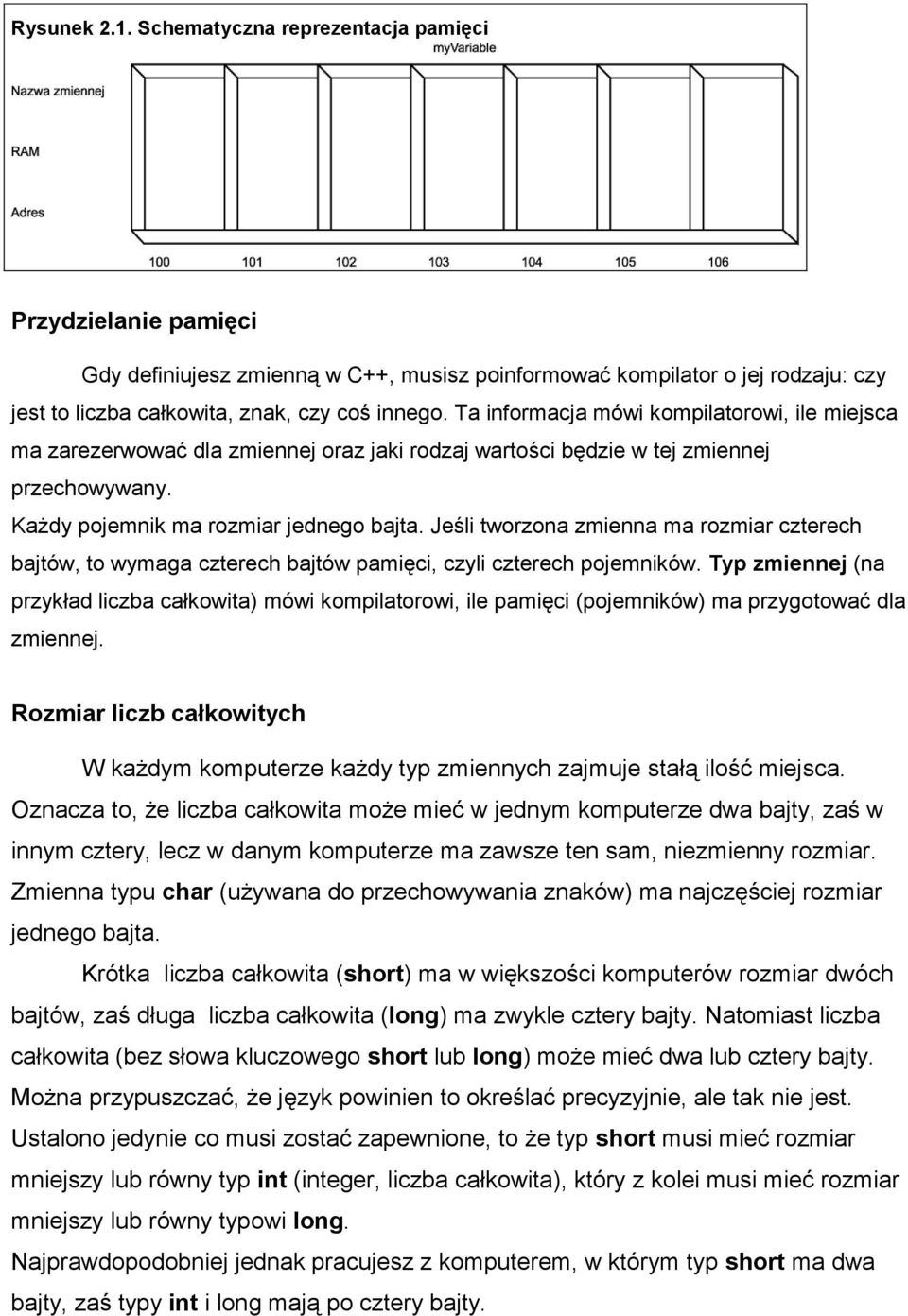 Jeśli tworzona zmienna ma rozmiar czterech bajtów, to wymaga czterech bajtów pamięci, czyli czterech pojemników.