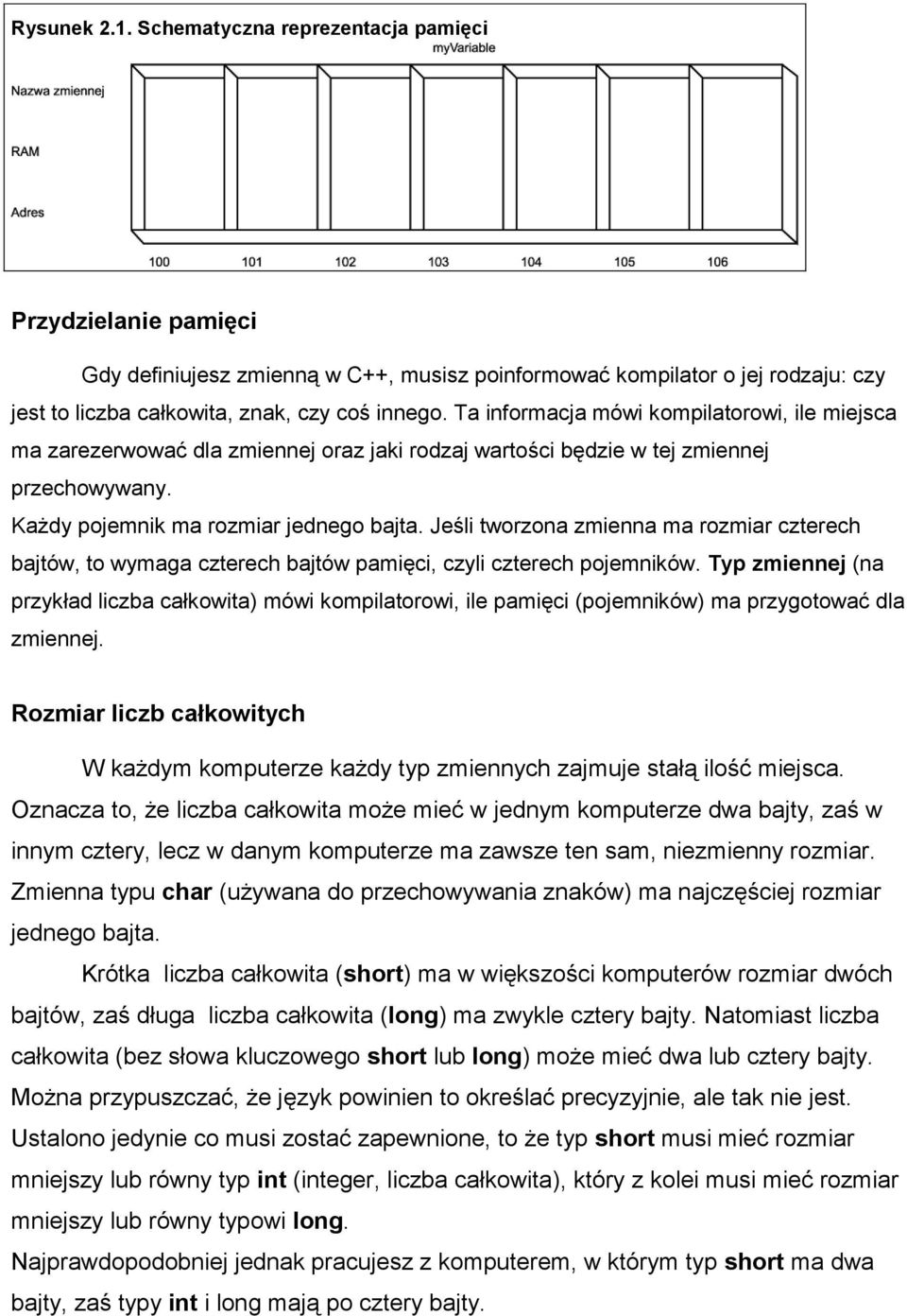 Jeśli tworzona zmienna ma rozmiar czterech bajtów, to wymaga czterech bajtów pamięci, czyli czterech pojemników.