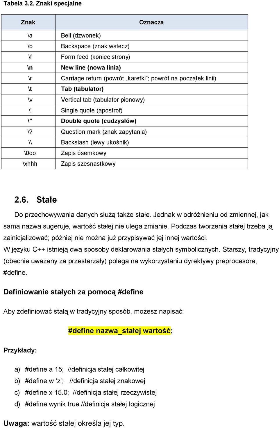 (tabulator) \v Vertical tab (tabulator pionowy) \' Single quote (apostrof) \" Double quote (cudzysłów) \?