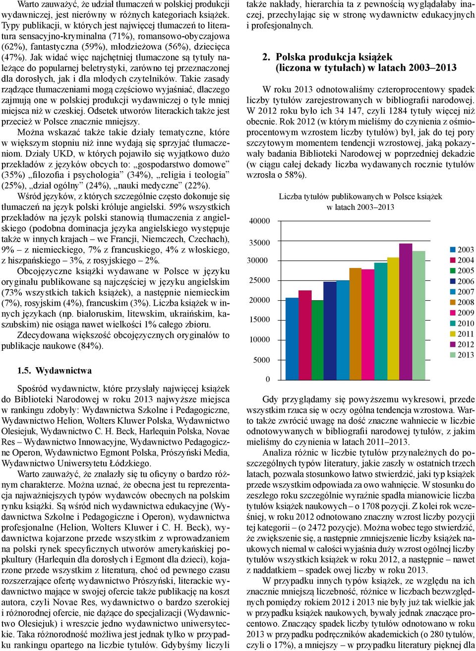 Jak widać więc najchętniej tłumaczone są tytuły należące do popularnej beletrystyki, zarówno tej przeznaczonej dla dorosłych, jak i dla młodych czytelników.