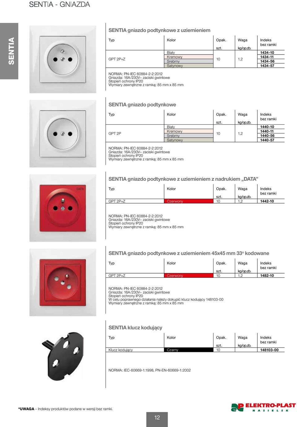 10 1,2 1442-10 SENTIA gniazdo podtynkowe z uziemieniem 45x45 mm 33 o kodowane GPT 2P+Z Czerwony 10 1,2 1482-10 W celu poprawnego działania należy dokupić