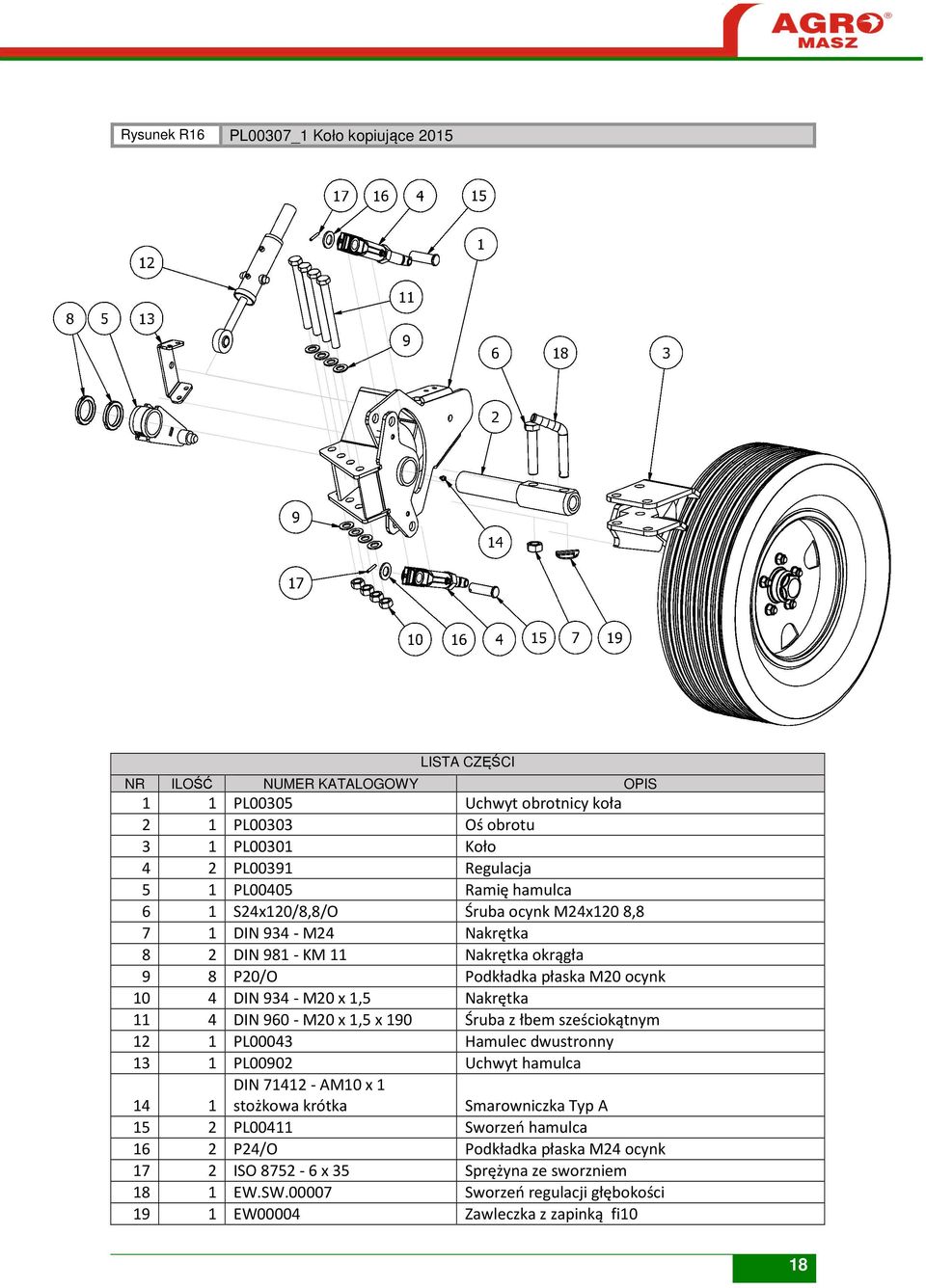 DIN 960 - M20 x 1,5 x 190 Śruba z łbem sześciokątnym 12 1 PL00043 Hamulec dwustronny 13 1 PL00902 Uchwyt hamulca 14 DIN 71412 - AM10 x 1 1 stożkowa krótka Smarowniczka Typ A 15 2