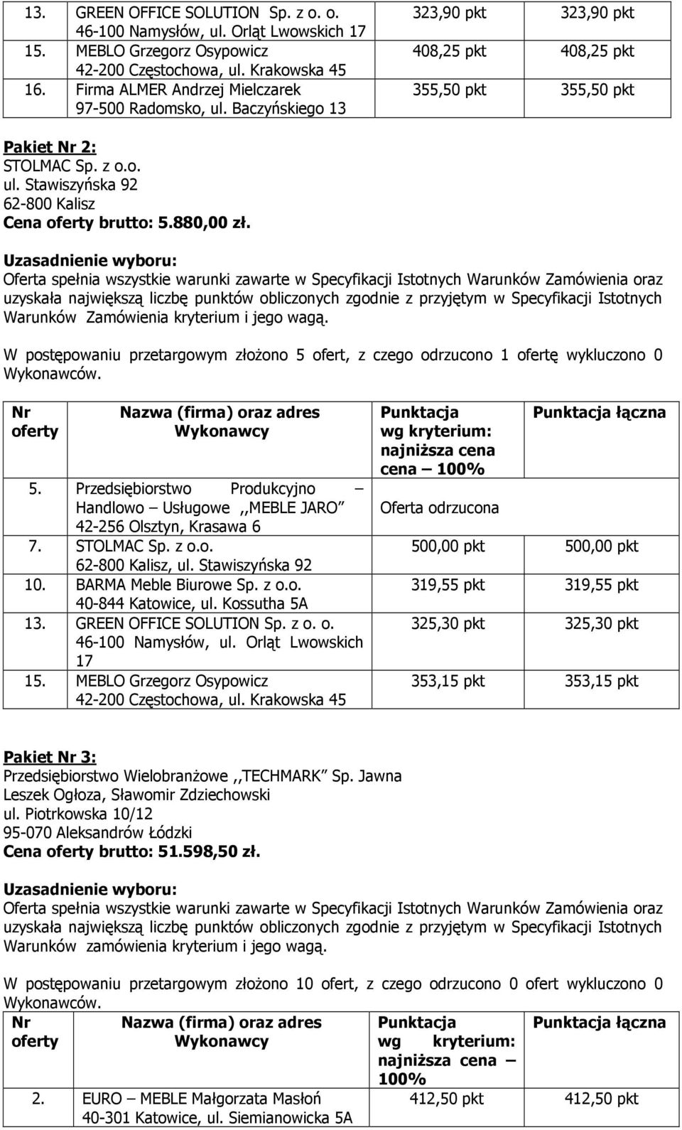 Przedsiębiorstwo Produkcyjno Handlowo Usługowe,,MEBLE JARO 42-256 Olsztyn, Krasawa 6 7. STOLMAC Sp. z o.o. 62-800 Kalisz, ul.