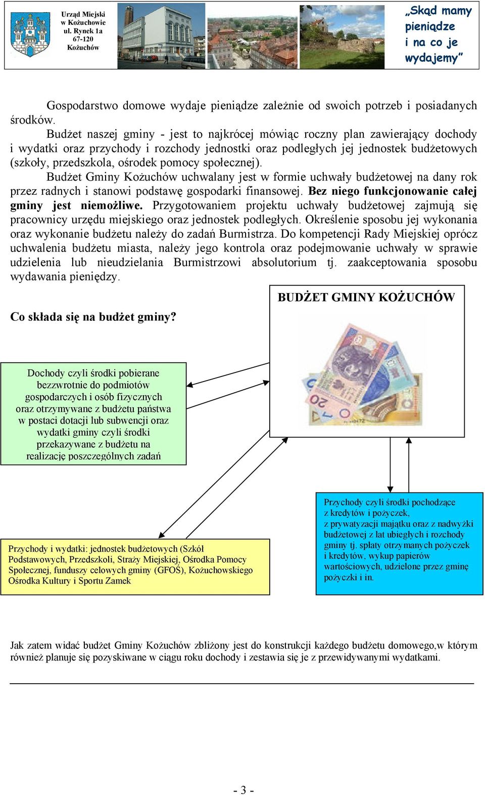 pomocy społecznej). Budżet Gminy uchwalany jest w formie uchwały budżetowej na dany rok przez radnych i stanowi podstawę gospodarki finansowej. Bez niego funkcjonowanie całej gminy jest niemożliwe.