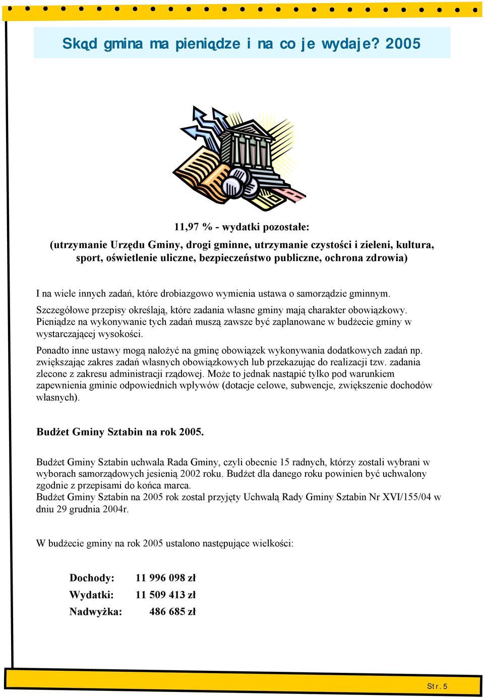 Pieniądze na wykonywanie tych zadań muszą zawsze być zaplanowane w budżecie gminy w wystarczającej wysokości. Ponadto inne ustawy mogą nałożyć na gminę obowiązek wykonywania dodatkowych zadań np.