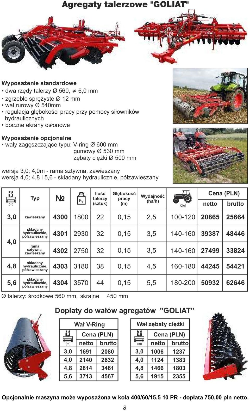 hydraulicznie, półzawieszany Typ Ilość talerzy Głębokość pracy Wydajność (ha/h) netto brutto zawieszany 4300 1800 22 0,15 2,5 100-120 20865 25664 4,0 składany hydraulicznie, półzawieszany 4301 2930