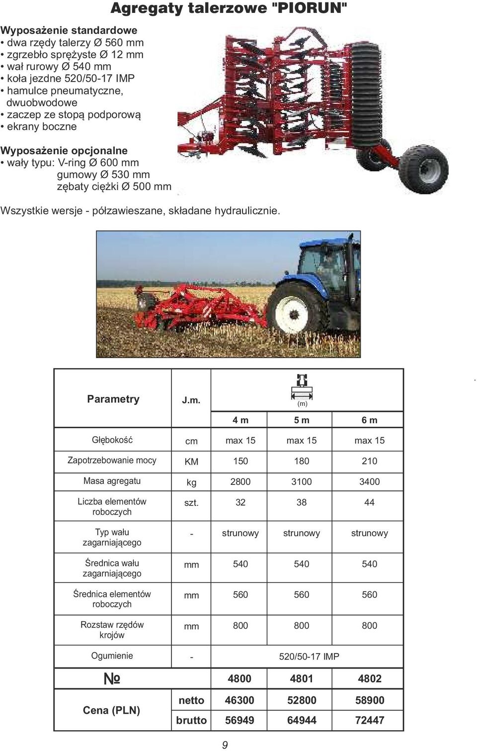 32 38 44 Typ wału zagarniającego - strunowy strunowy strunowy Średnica wału zagarniającego mm 540 540 540 Średnica elementów roboczych mm 560 560 560 Rozstaw rzędów krojów mm 800 800 800 Ogumienie -