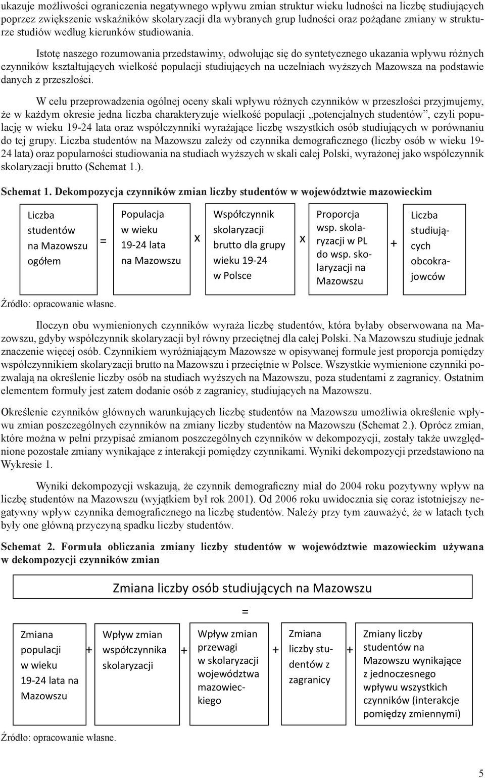 Istotę naszego rozumowania przedstawimy, odwołując się do syntetycznego ukazania wpływu różnych czynników kształtujących wielkość populacji studiujących na uczelniach wyższych Mazowsza na podstawie