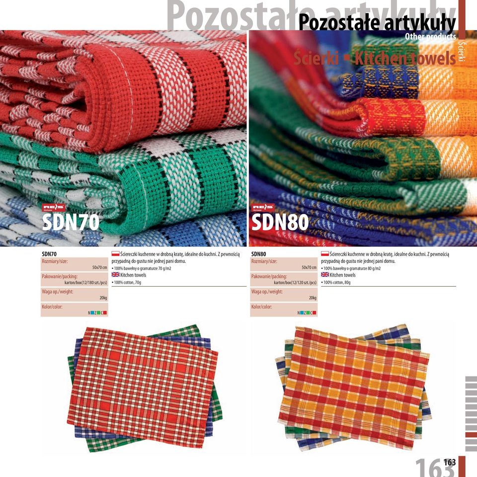 100% bawełny o gramaturze 70 g/m2 Kitchen towels 100% cotton, 70g SDN80 50x70 cm karton/box(12/120 szt.