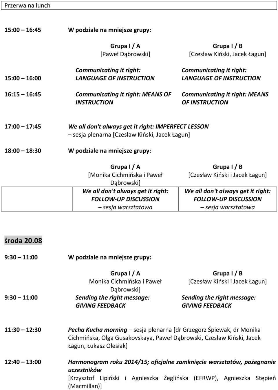 [Czesław Kiński, Jacek Łagun] 18:00 18:30 W podziale na mniejsze grupy: [Monika Cichmińska i Paweł Dąbrowski] We all don't always get it right: FOLLOW-UP DISCUSSION sesja warsztatowa [Czesław Kiński