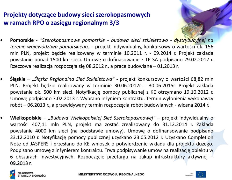 Umowę o dofinasowanie z TP SA podpisano 29.02.2012 r. Rzeczowa realizacja rozpoczęła się 08.2012 r., a prace budowlane 01.2013 r.