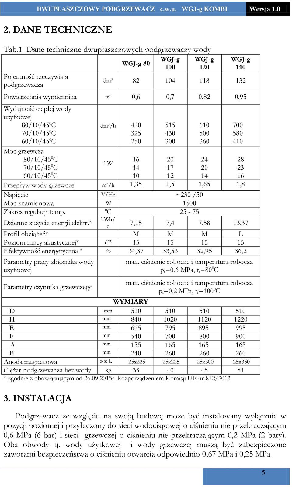 Wydajność ciepłej wody użytkowej 80/10/45 0 C 70/10/45 0 C 60/10/45 0 C Moc grzewcza 80/10/45 0 C 70/10/45 0 C dm³/h 420 325 250 kw 16 14 10 515 430 300 20 17 12 610 500 360 24 20 14 700 580 410