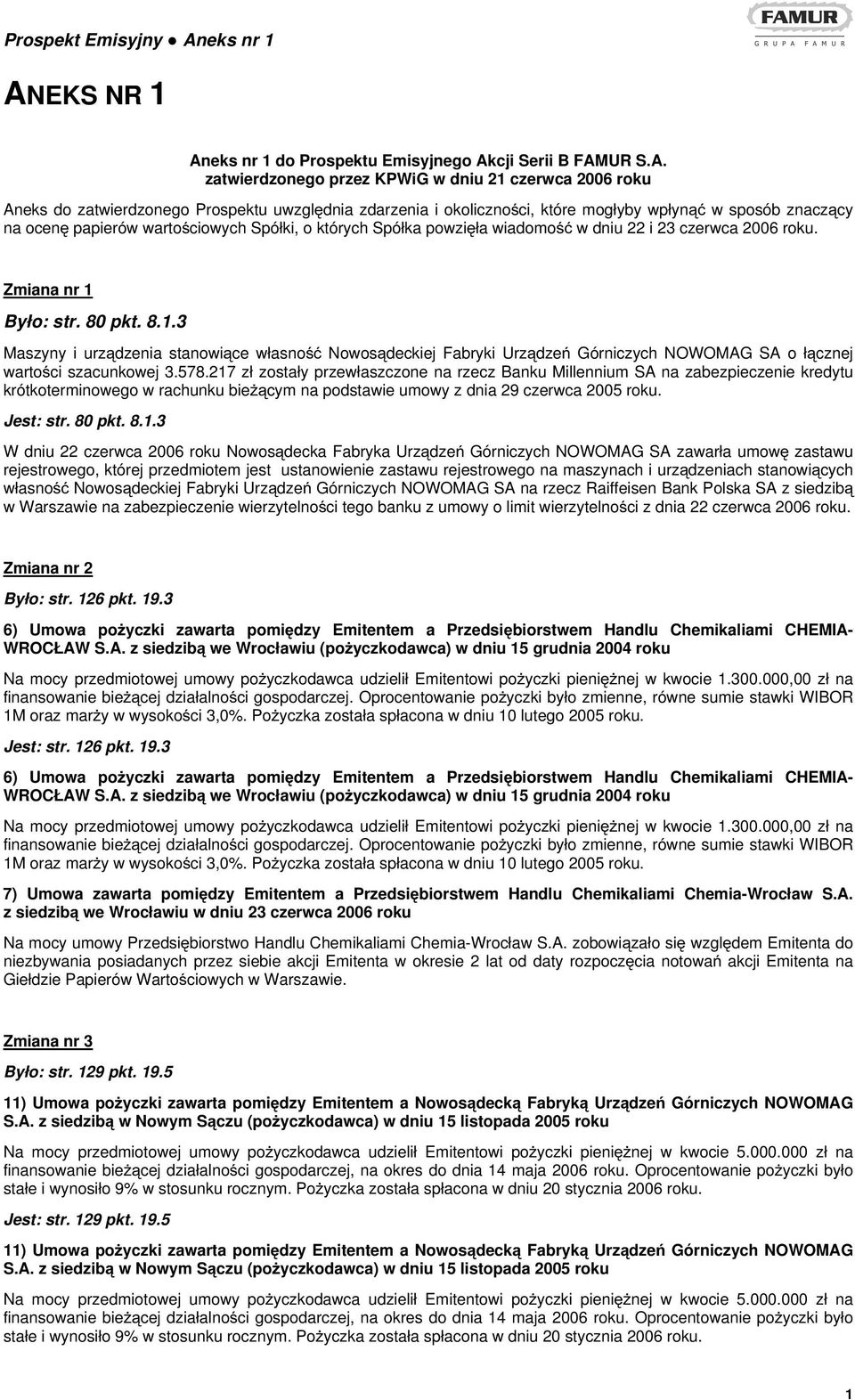 Było: str. 80 pkt. 8.1.3 Maszyny i urządzenia stanowiące własność Nowosądeckiej Fabryki Urządzeń Górniczych NOWOMAG SA o łącznej wartości szacunkowej 3.578.