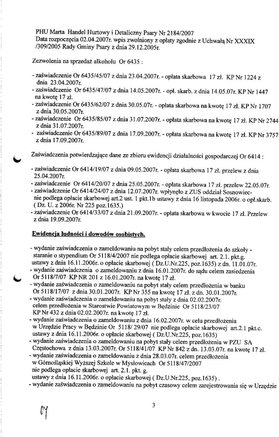 17 zl. - zaswiadczenie Or 6435/62/07 z dnia 30.05.07r. - oplata skarbowa na kwote 17 zt KP Nr 1707 z dnia 3O.O5.2OO7r. - zaswiadczenie Or 6435/85/07 z dnia 31.07.2007r.