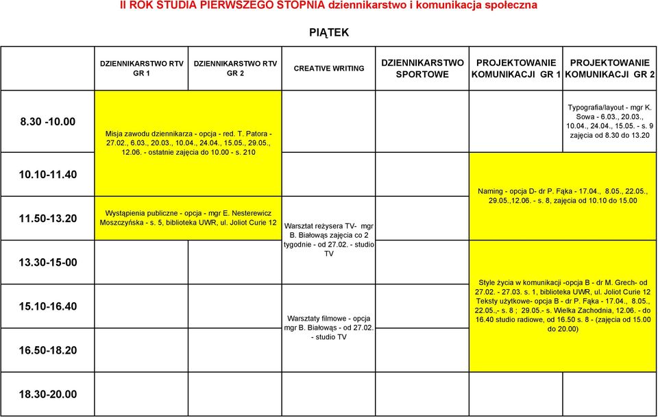 5, biblioteka UWR, ul. Joliot Curie 12 Warsztat reŝysera TV- mgr B. Białowąs zajęcia co 2 tygodnie - od 27.02. - studio TV Warsztaty filmowe - opcja mgr B. Białowąs - od 27.02. - studio TV Style Ŝycia w komunikacji -opcja B - dr M.