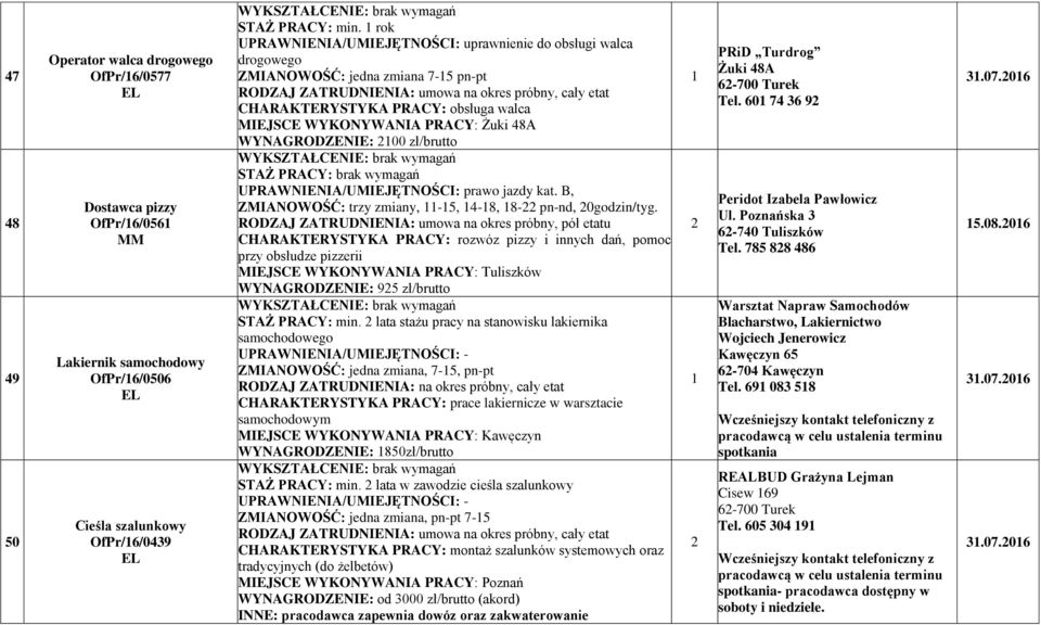 zł/brutto UPRAWNIENIA/UMIEJĘTNOŚCI: prawo jazdy kat. B, ZMIANOWOŚĆ: trzy zmiany, -5, 4-8, 8- pn-nd, 0godzin/tyg.