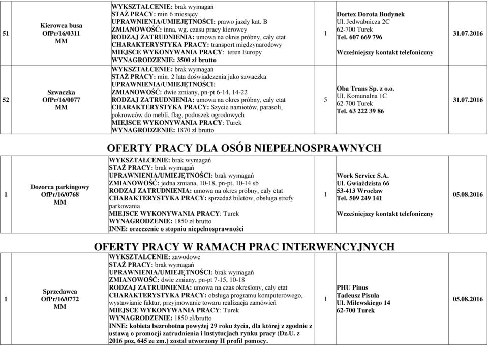 lata doświadczenia jako szwaczka UPRAWNIENIA/UMIEJĘTNOŚCI: ZMIANOWOŚĆ: dwie zmiany, pn-pt 6-4, 4- CHARAKTERYSTYKA PRACY: Szycie namiotów, parasoli, pokrowców do mebli, flag, poduszek ogrodowych