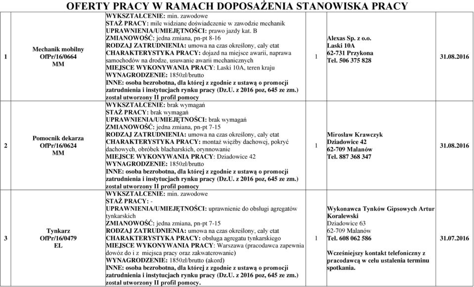B ZMIANOWOŚĆ: jedna zmiana, pn-pt 8-6 CHARAKTERYSTYKA PRACY: dojazd na miejsce awarii, naprawa samochodów na drodze, usuwanie awarii mechanicznych MIEJSCE WYKONYWANIA PRACY: Laski 0A, teren kraju