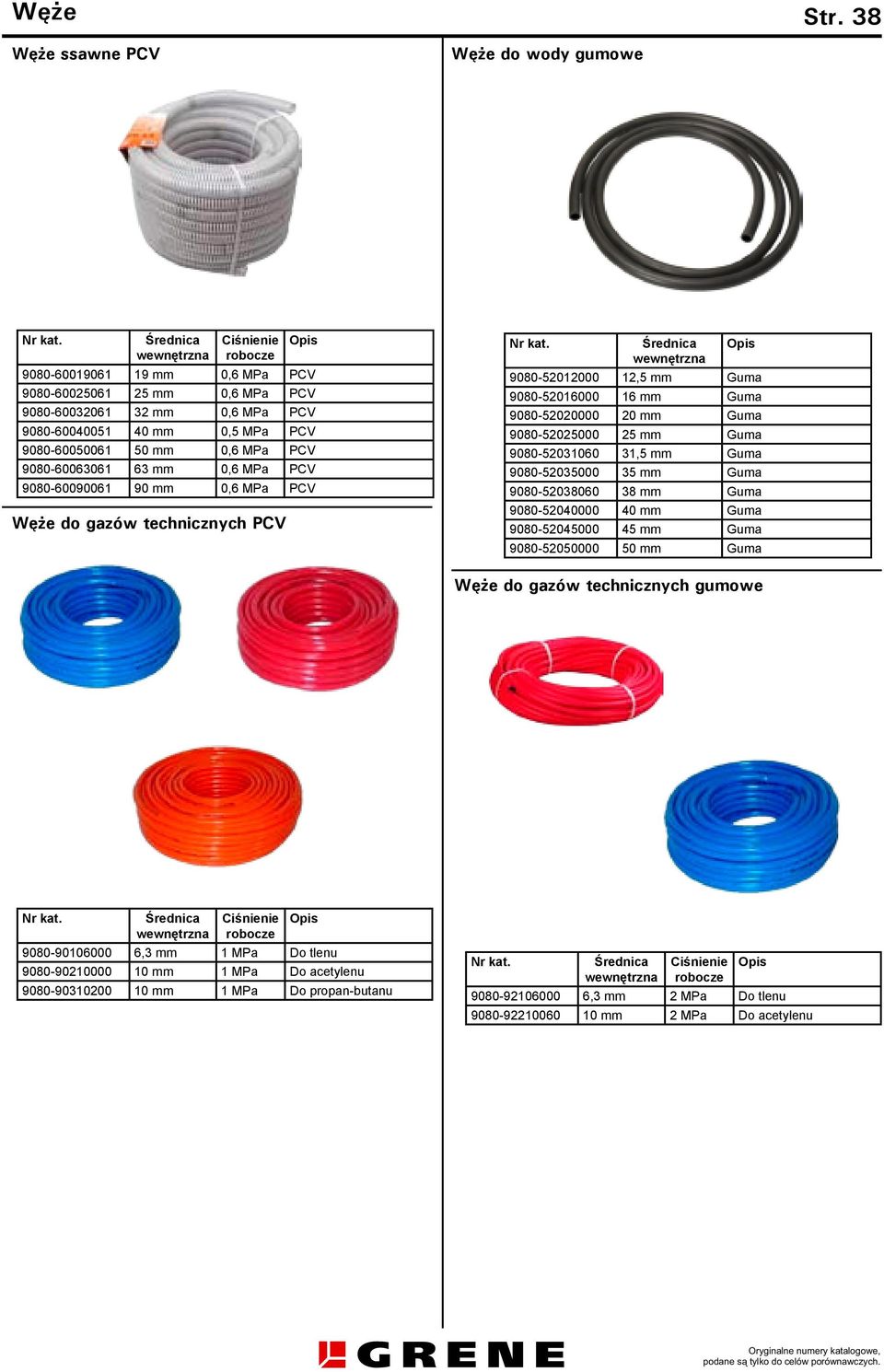 50 mm 0,6 MPa PCV 9080-60063061 63 mm 0,6 MPa PCV 9080-60090061 90 mm 0,6 MPa PCV Węże do gazów technicznych PCV 9080-52012000 12,5 mm Guma 9080-52016000 16 mm Guma 9080-52020000 20 mm Guma