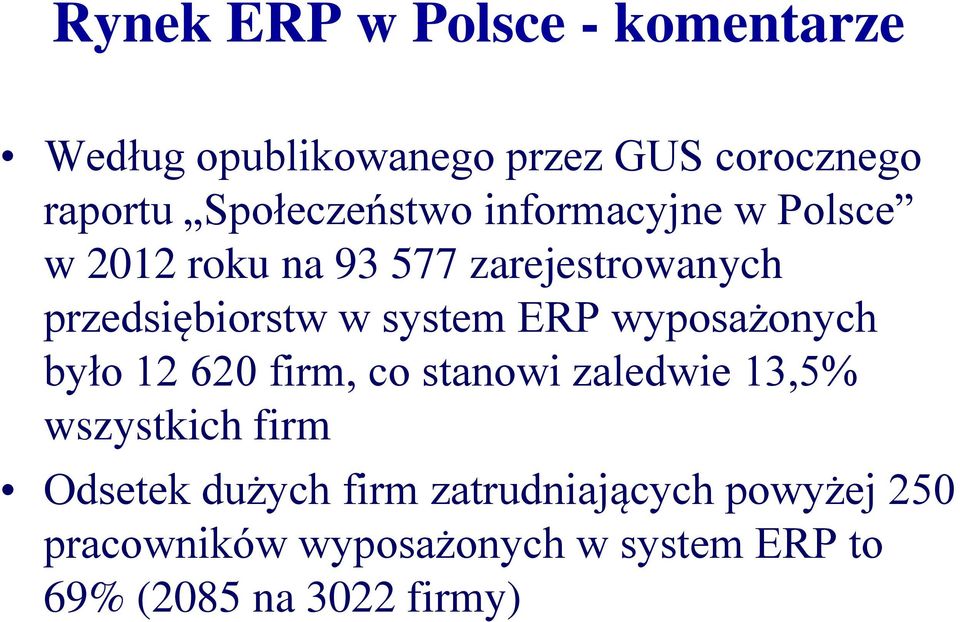 system ERP wyposażonych było 12 620 firm, co stanowi zaledwie 13,5% wszystkich firm Odsetek