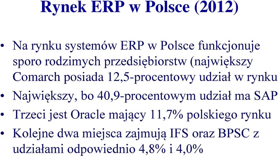 rynku Największy, bo 40,9-procentowym udział ma SAP Trzeci jest Oracle mający