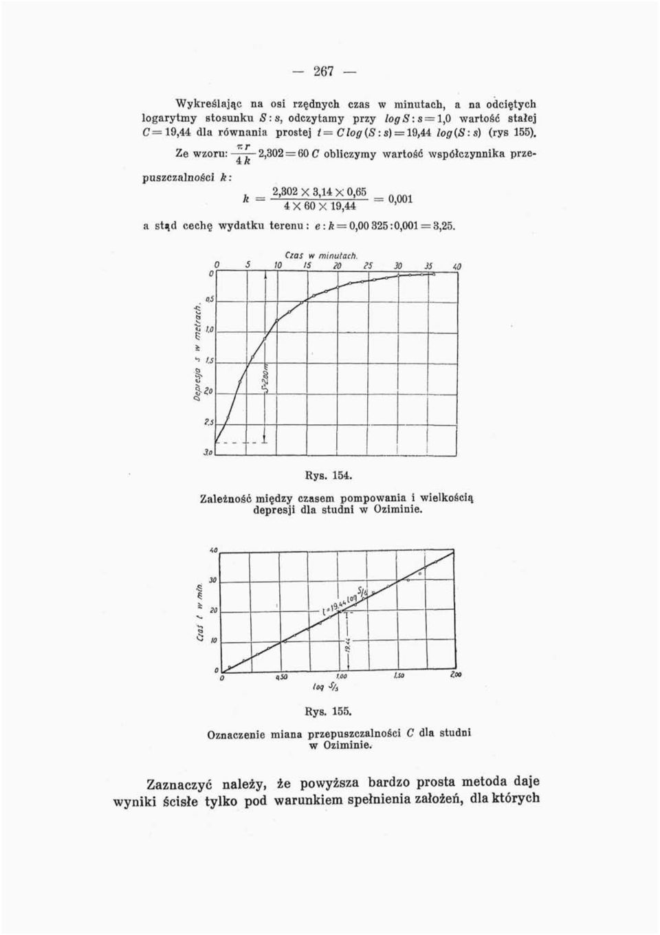 Ze wzoru: 2,302 = 60 C obliczymy wartość wpółczynnika przepuzczalności k: _ 2,302 X 3,14 X 0,65 _ ~ 4 X 60 X 19,44 ~ U)UU1 a tąd cechę wydatku terenu: e:k = 0,00325:0,001 = 3,25.