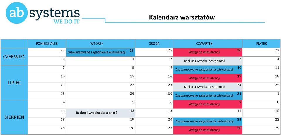 wirtualizacji 17 18 21 22 23 Backup i wysoka dostępność 24 25 28 29 30 Zaawansowane zagadnienia wirtualizacji 31 1 SIERPIEŃ 4 5 6 7 8