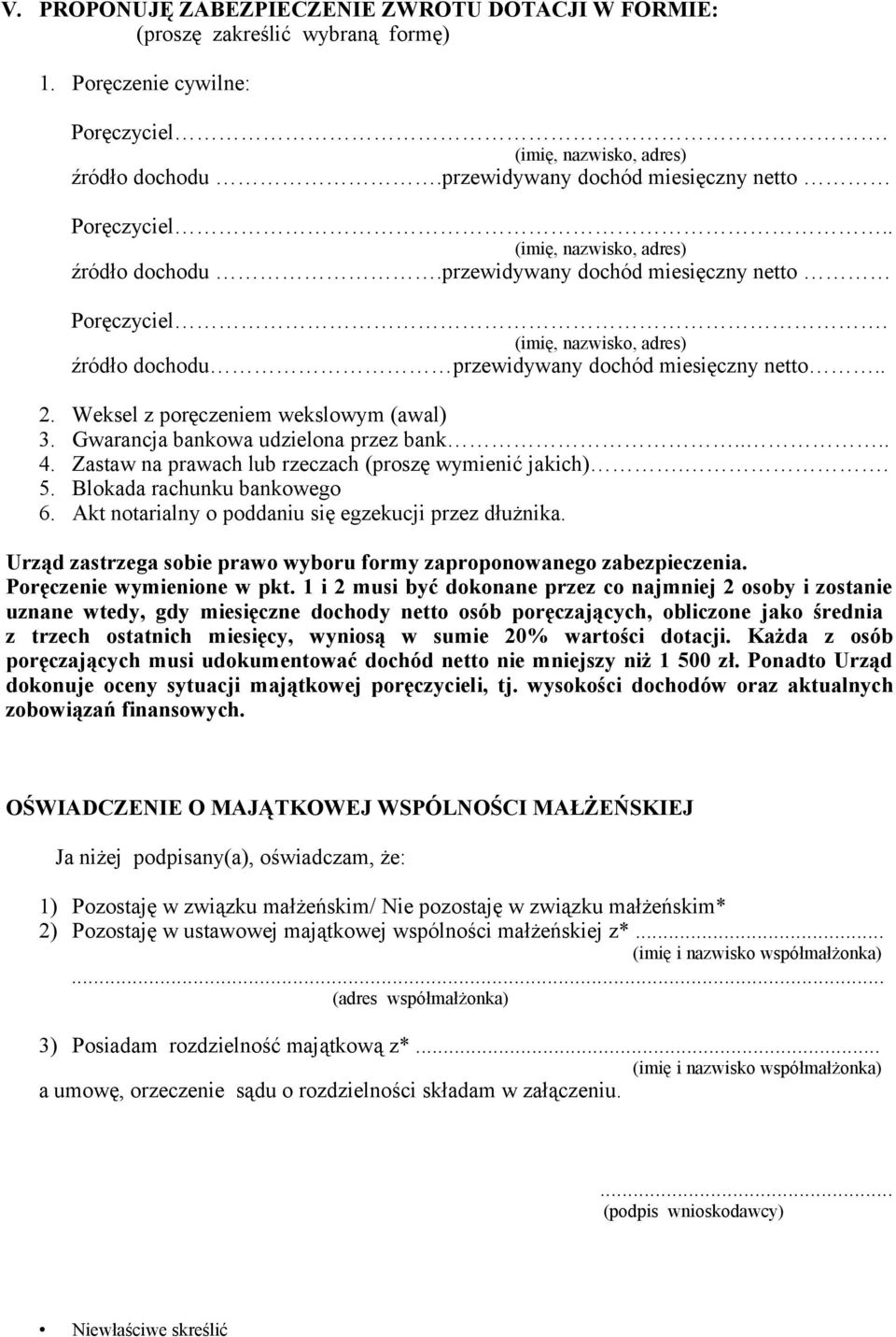 . 2. Weksel z poręczeniem wekslowym (awal) 3. Gwarancja bankowa udzielona przez bank.... 4. Zastaw na prawach lub rzeczach (proszę wymienić jakich).. 5. Blokada rachunku bankowego 6.